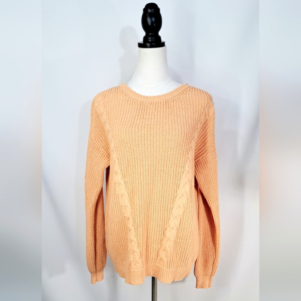 Magaschoni Orange Pumpkin Sweater Cable Knit Long Cotton Pullover Crew Neck M - Picture 2 of 16